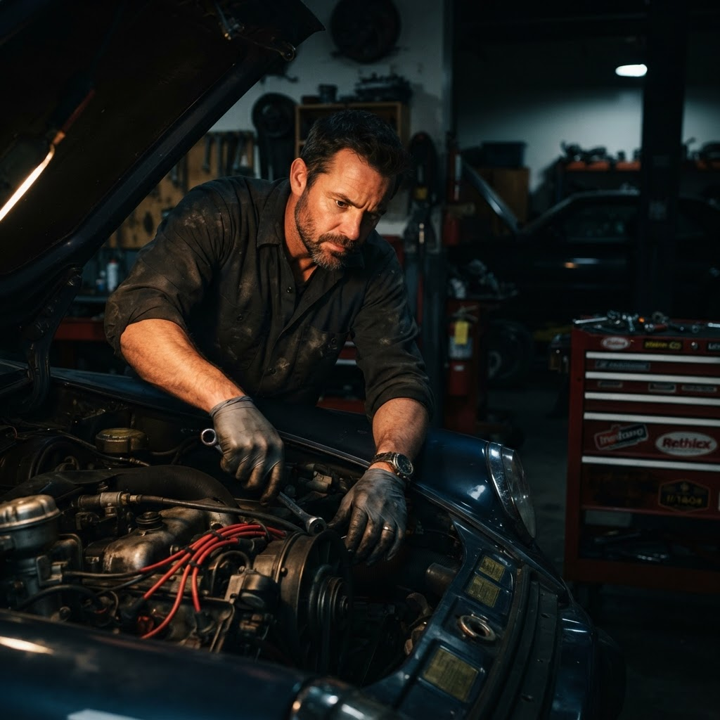 A technician at Dave's Complete Auto Service working on a vehicle engine